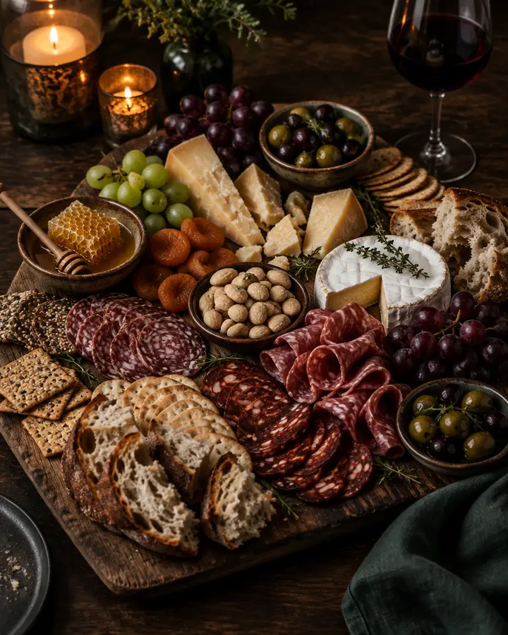 A charcuterie and cheese board with grapes, nuts and bread