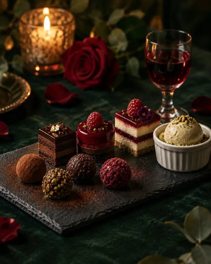 A dessert flight of chocolate truffles and petite tortes with port