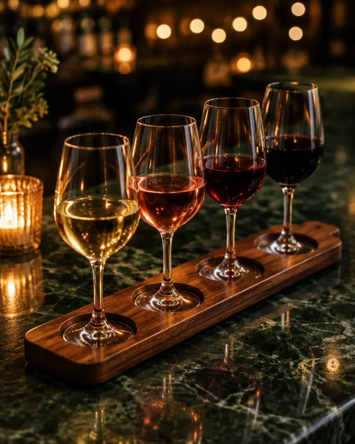 A four-glass wine flight of white, rosé and red wines on a wooden paddle
