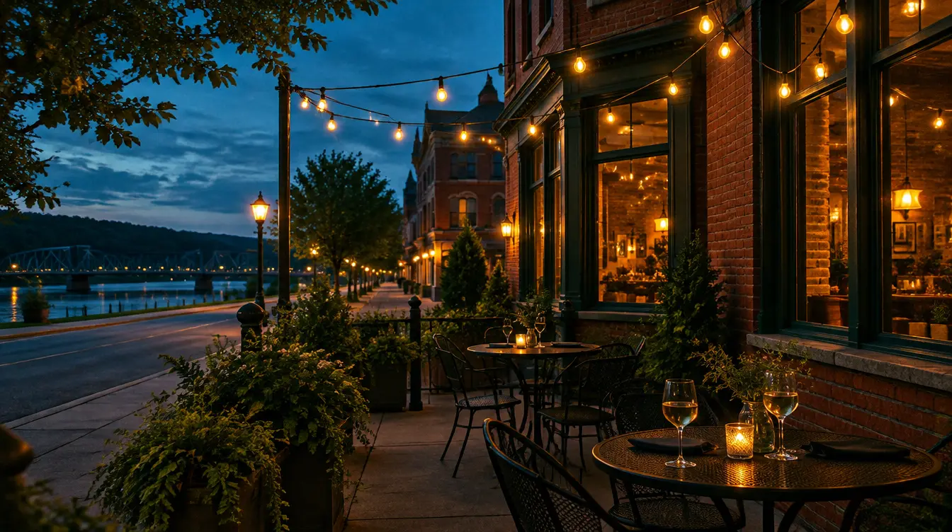 A string-lit sidewalk patio beside a historic brick building at dusk